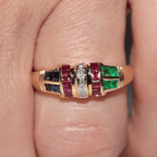 Vintage Yellow Gold Asscher Cut Ruby & Blue & Emerald Sapphire Half Eternity Wedding Band For Women