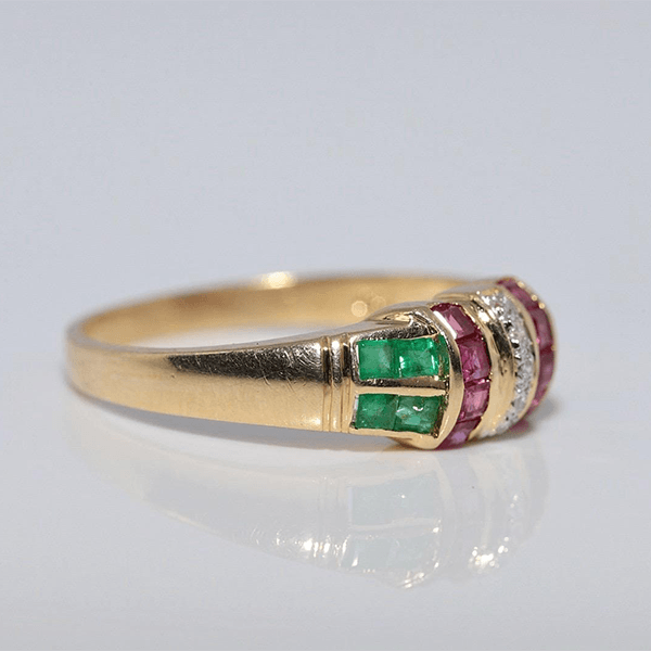 Vintage Yellow Gold Asscher Cut Ruby & Blue & Emerald Sapphire Half Eternity Wedding Band For Women