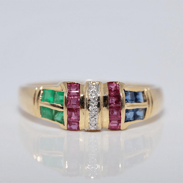 Vintage Yellow Gold Asscher Cut Ruby & Blue & Emerald Sapphire Half Eternity Wedding Band For Women