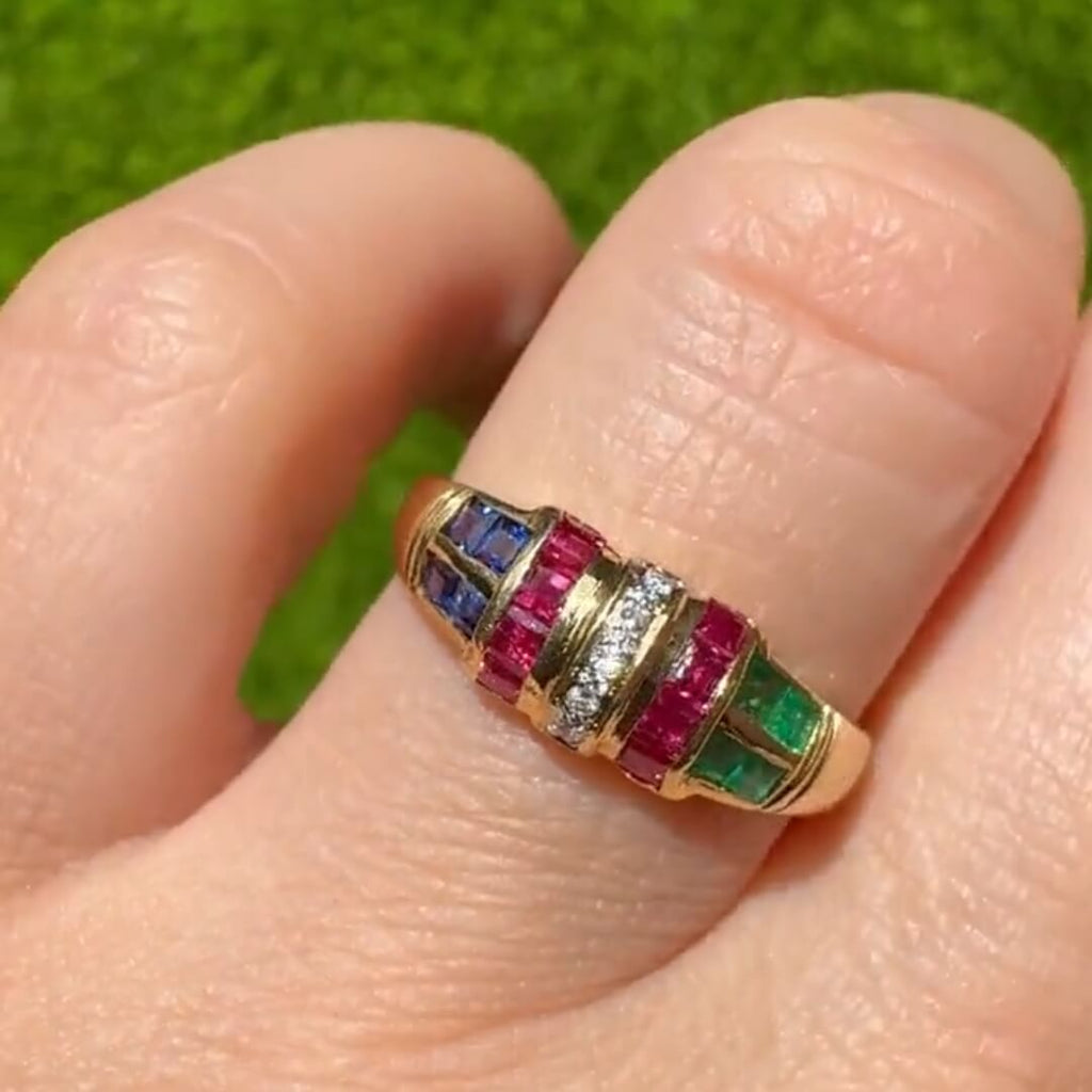 Vintage Yellow Gold Asscher Cut Ruby & Blue & Emerald Sapphire Half Eternity Wedding Band For Women