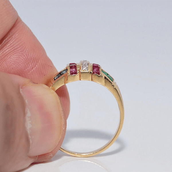Vintage Yellow Gold Asscher Cut Ruby & Blue & Emerald Sapphire Half Eternity Wedding Band For Women