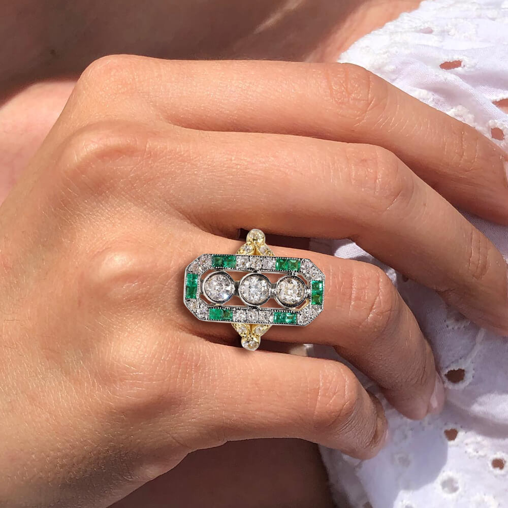 Vintage Two Tone Halo Three Stone Round Cut White & Emerald Sapphire Engagement Ring