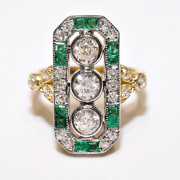 Vintage Two Tone Halo Three Stone Round Cut White & Emerald Sapphire Engagement Ring