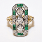 Vintage Two Tone Halo Three Stone Round Cut White & Emerald Sapphire Engagement Ring
