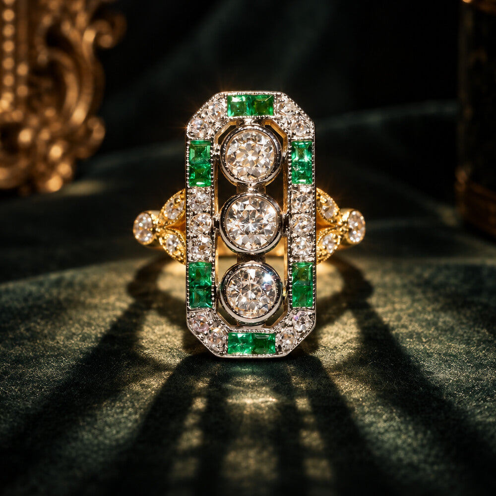 Vintage Two Tone Halo Three Stone Round Cut White & Emerald Sapphire Engagement Ring