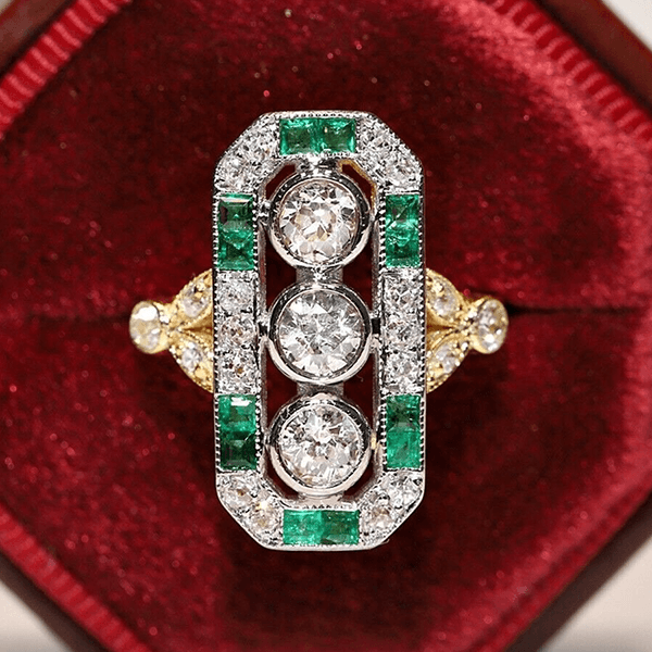 Vintage Two Tone Halo Three Stone Round Cut White & Emerald Sapphire Engagement Ring