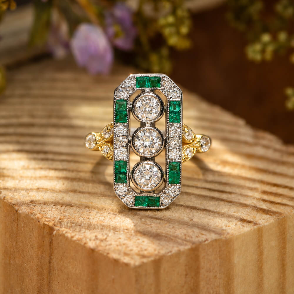 Vintage Two Tone Halo Three Stone Round Cut White & Emerald Sapphire Engagement Ring