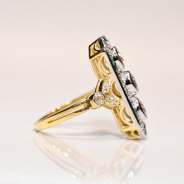 Vintage Two Tone Halo Three Stone Round Cut White & Emerald Sapphire Engagement Ring
