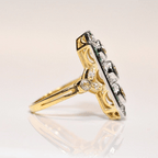 Vintage Two Tone Halo Three Stone Round Cut White & Emerald Sapphire Engagement Ring