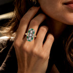 Vintage Two Tone Halo Three Stone Round Cut White & Emerald Sapphire Engagement Ring