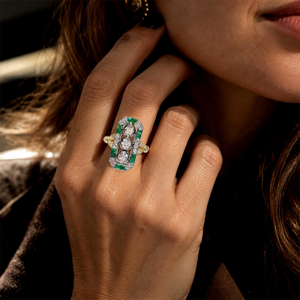 Vintage Two Tone Halo Three Stone Round Cut White & Emerald Sapphire Engagement Ring