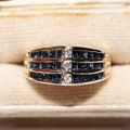 Vintage Yellow Gold Channel Setting Triple Row Round & Asscher Cut White & Blue Sapphire Half Eternity Wedding Band For Women