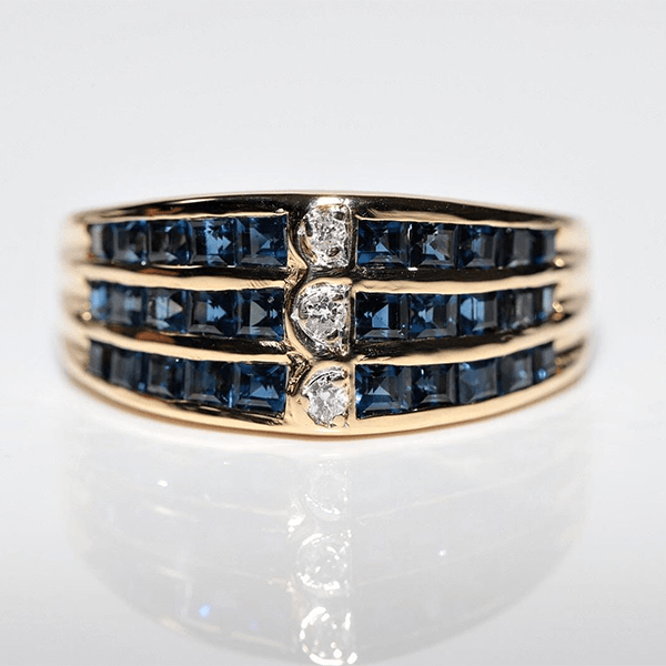 Vintage Yellow Gold Channel Setting Triple Row Round & Asscher Cut White & Blue Sapphire Half Eternity Wedding Band For Women