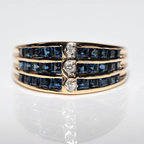 Vintage Yellow Gold Channel Setting Triple Row Round & Asscher Cut White & Blue Sapphire Half Eternity Wedding Band For Women