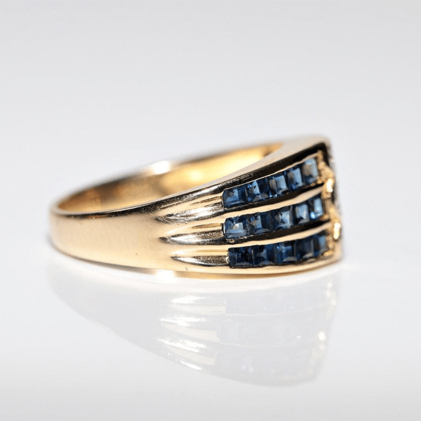 Vintage Yellow Gold Channel Setting Triple Row Round & Asscher Cut White & Blue Sapphire Half Eternity Wedding Band For Women