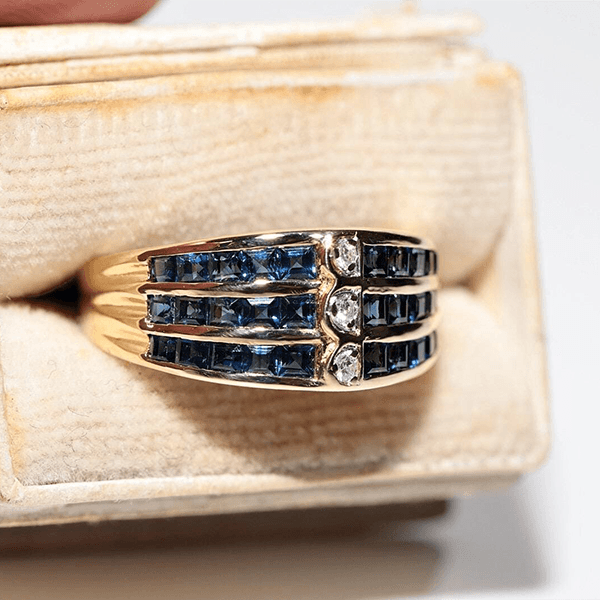 Vintage Yellow Gold Channel Setting Triple Row Round & Asscher Cut White & Blue Sapphire Half Eternity Wedding Band For Women