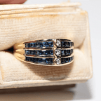 Vintage Yellow Gold Channel Setting Triple Row Round & Asscher Cut White & Blue Sapphire Half Eternity Wedding Band For Women