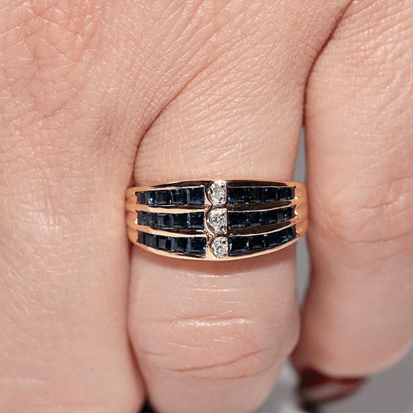 Vintage Yellow Gold Channel Setting Triple Row Round & Asscher Cut White & Blue Sapphire Half Eternity Wedding Band For Women