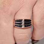Vintage Yellow Gold Channel Setting Triple Row Round & Asscher Cut White & Blue Sapphire Half Eternity Wedding Band For Women