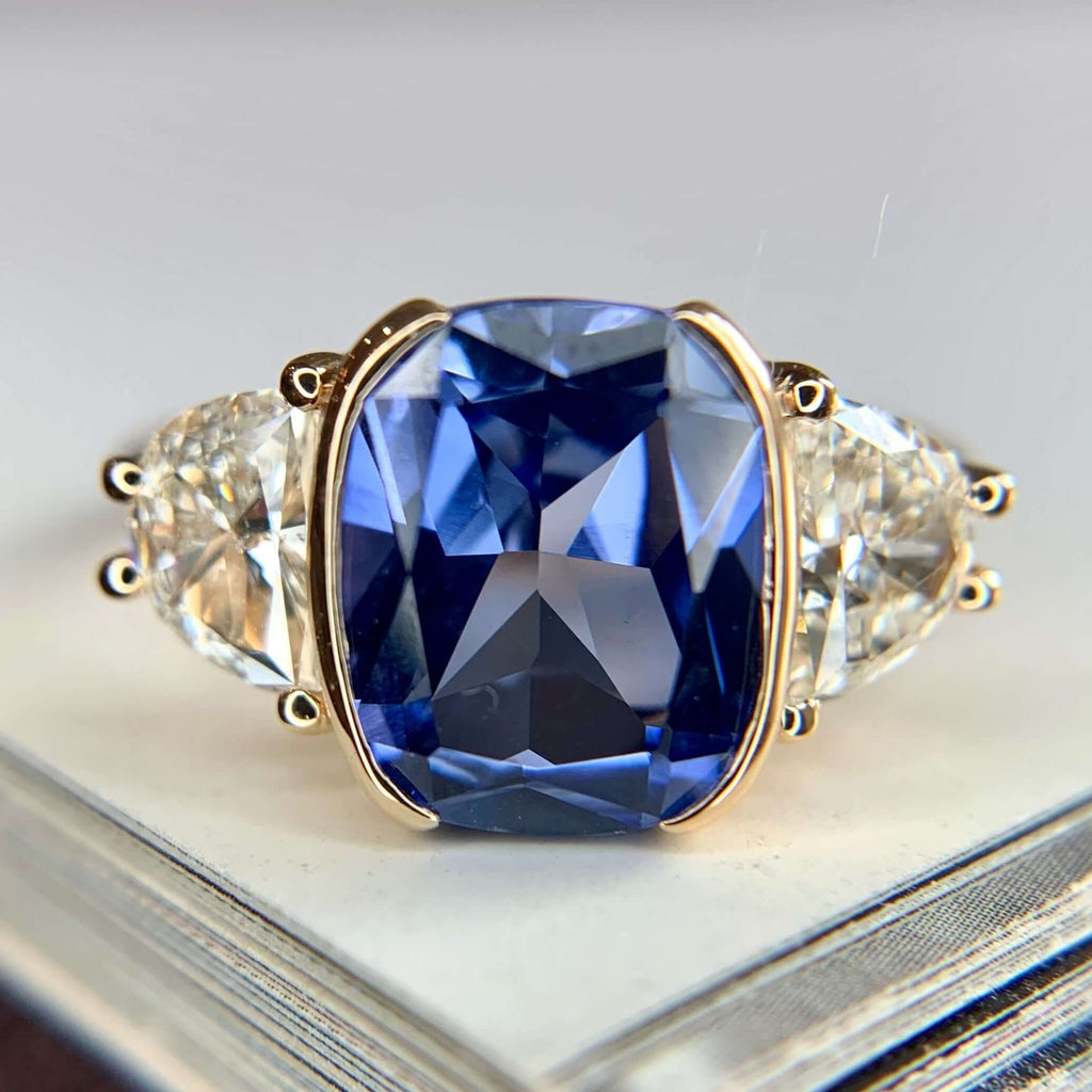 Luxury Jewelry Yellow Gold Half Bezel Three Stone Cushion Cut Blue & White Sapphire Engagement Ring