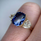 Luxury Jewelry Yellow Gold Half Bezel Three Stone Cushion Cut Blue & White Sapphire Engagement Ring