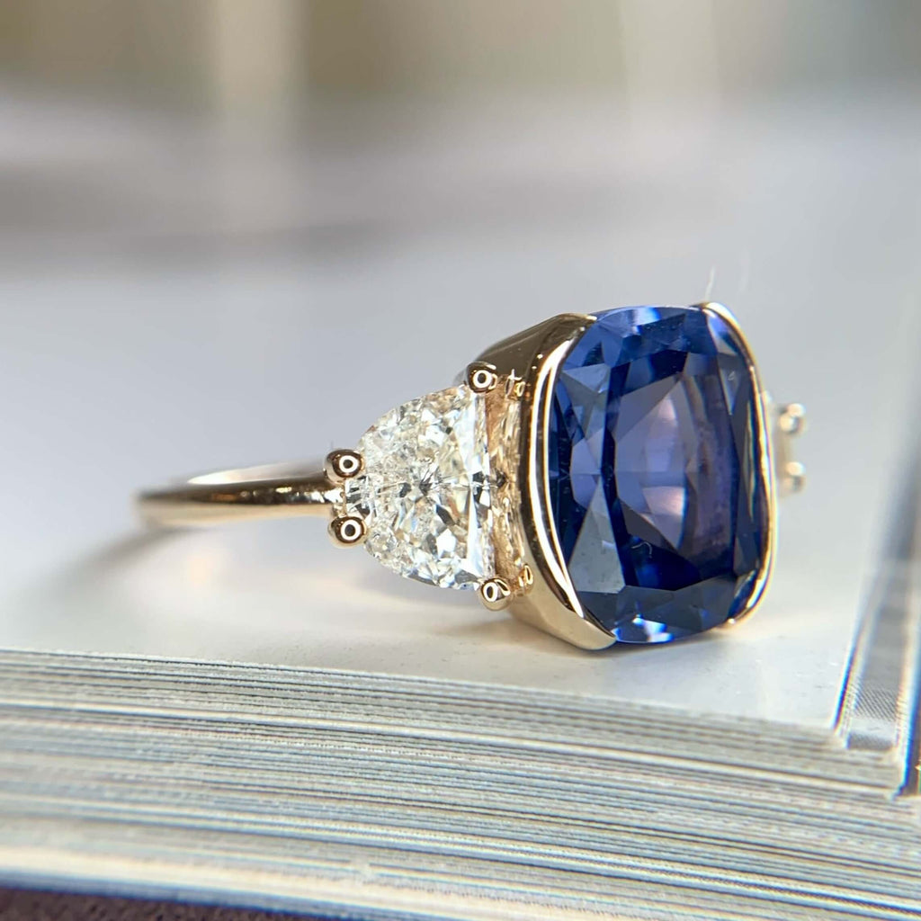 Luxury Jewelry Yellow Gold Half Bezel Three Stone Cushion Cut Blue & White Sapphire Engagement Ring