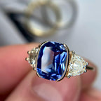 Luxury Jewelry Yellow Gold Half Bezel Three Stone Cushion Cut Blue & White Sapphire Engagement Ring