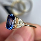 Luxury Jewelry Yellow Gold Half Bezel Three Stone Cushion Cut Blue & White Sapphire Engagement Ring