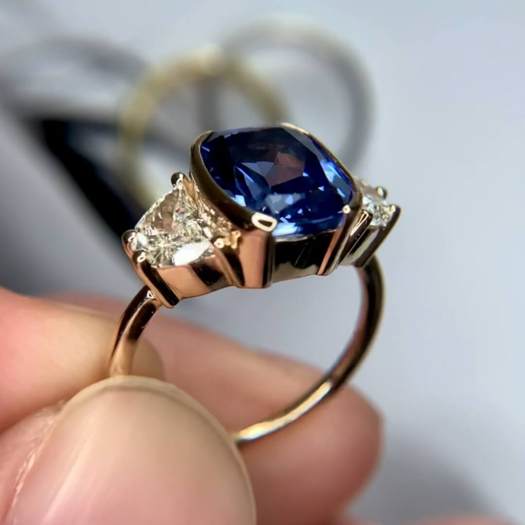 Luxury Jewelry Yellow Gold Half Bezel Three Stone Cushion Cut Blue & White Sapphire Engagement Ring