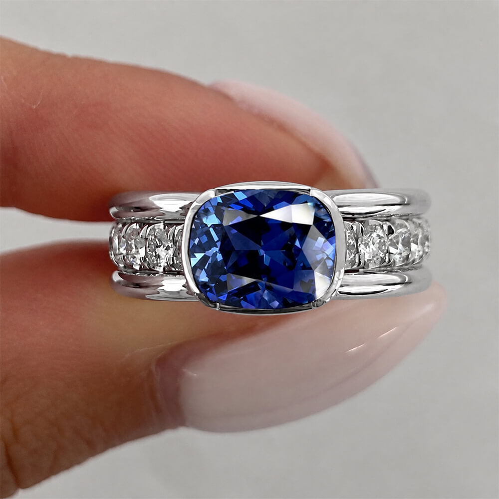 Luxury Jewelry Half Bezel Cushion Cut Blue Sapphire Engagement Ring