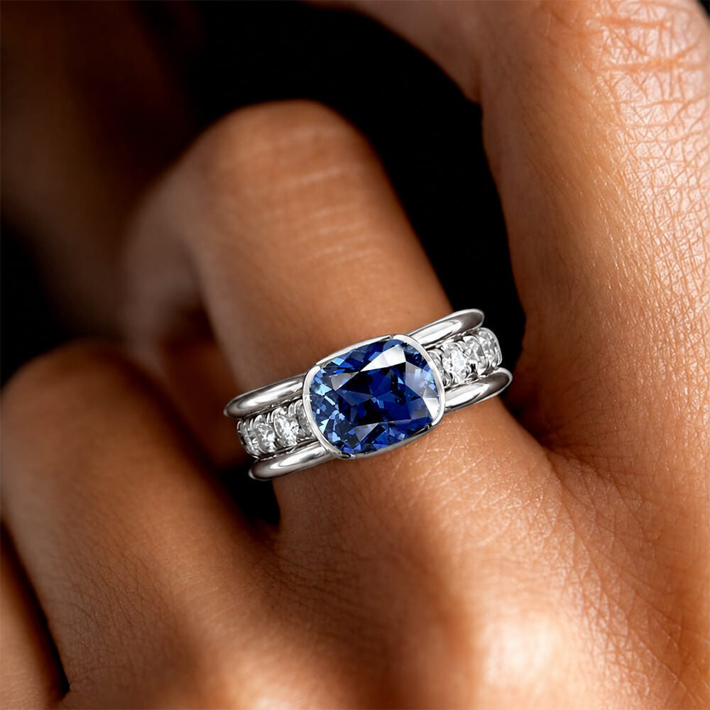Luxury Jewelry Half Bezel Cushion Cut Blue Sapphire Engagement Ring