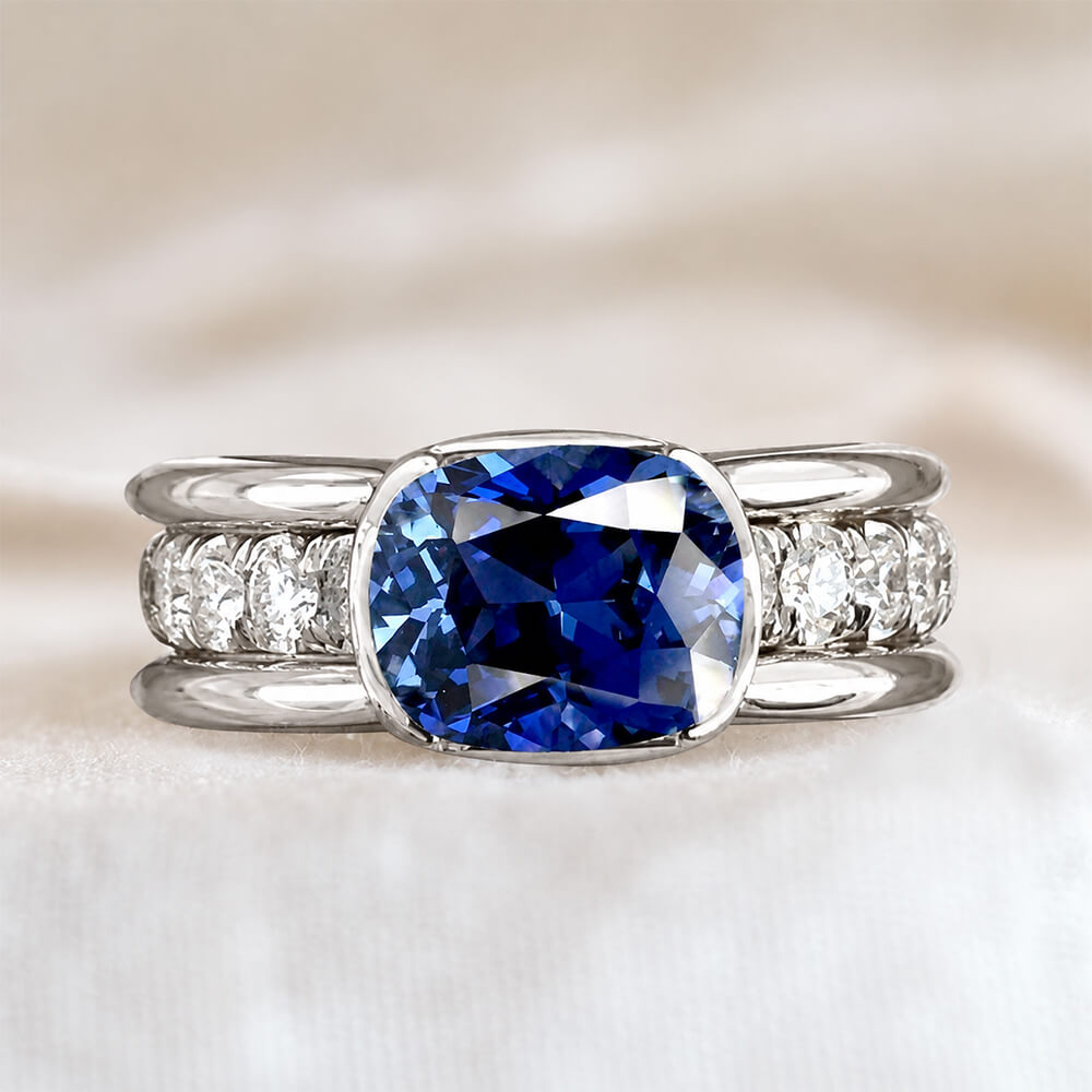 Luxury Jewelry Half Bezel Cushion Cut Blue Sapphire Engagement Ring