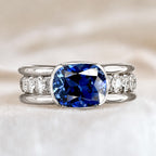Luxury Jewelry Half Bezel Cushion Cut Blue Sapphire Engagement Ring