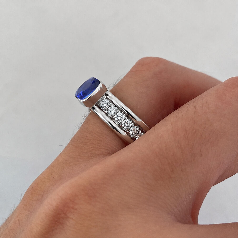 Luxury Jewelry Half Bezel Cushion Cut Blue Sapphire Engagement Ring