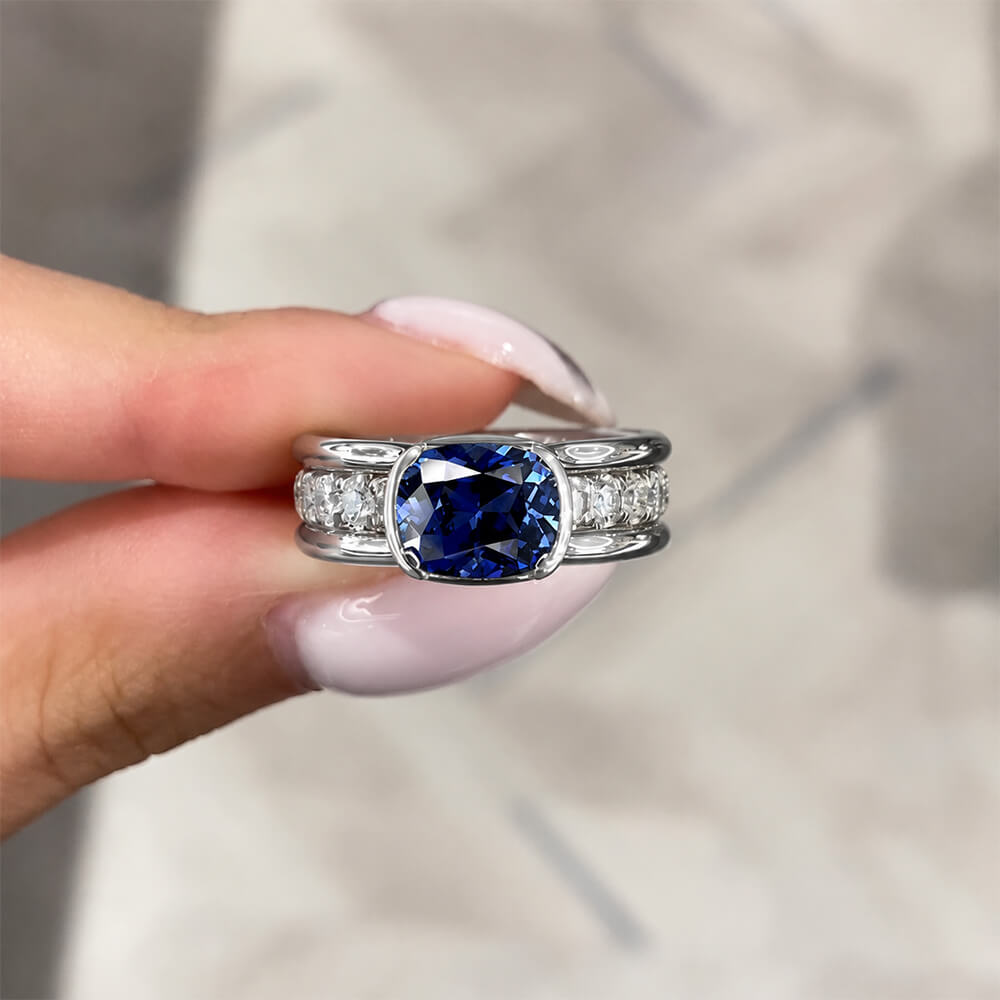 Luxury Jewelry Half Bezel Cushion Cut Blue Sapphire Engagement Ring
