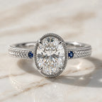 Vintage Three Stone Bezel Milgrain Oval Cut White & Blue Sapphire Engagement Ring
