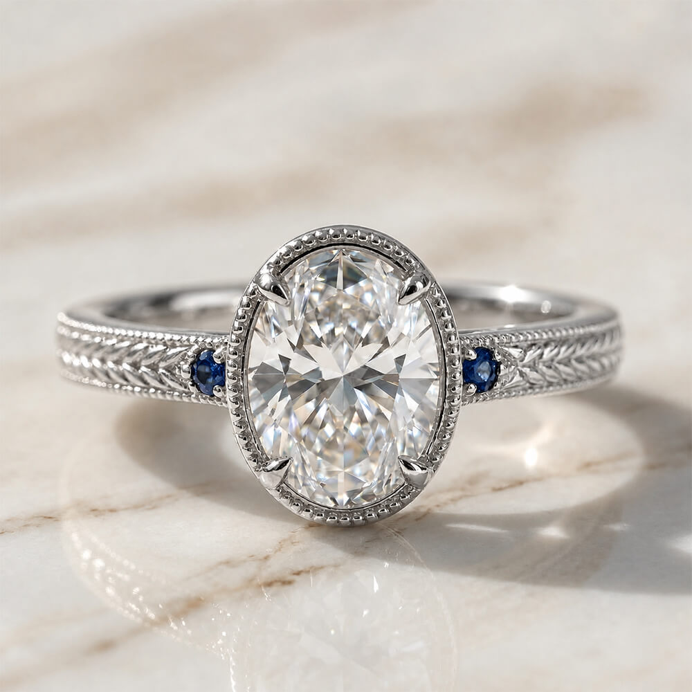 Vintage Three Stone Bezel Milgrain Oval Cut White & Blue Sapphire Engagement Ring