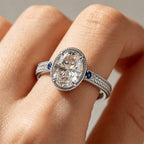 Vintage Three Stone Bezel Milgrain Oval Cut White & Blue Sapphire Engagement Ring