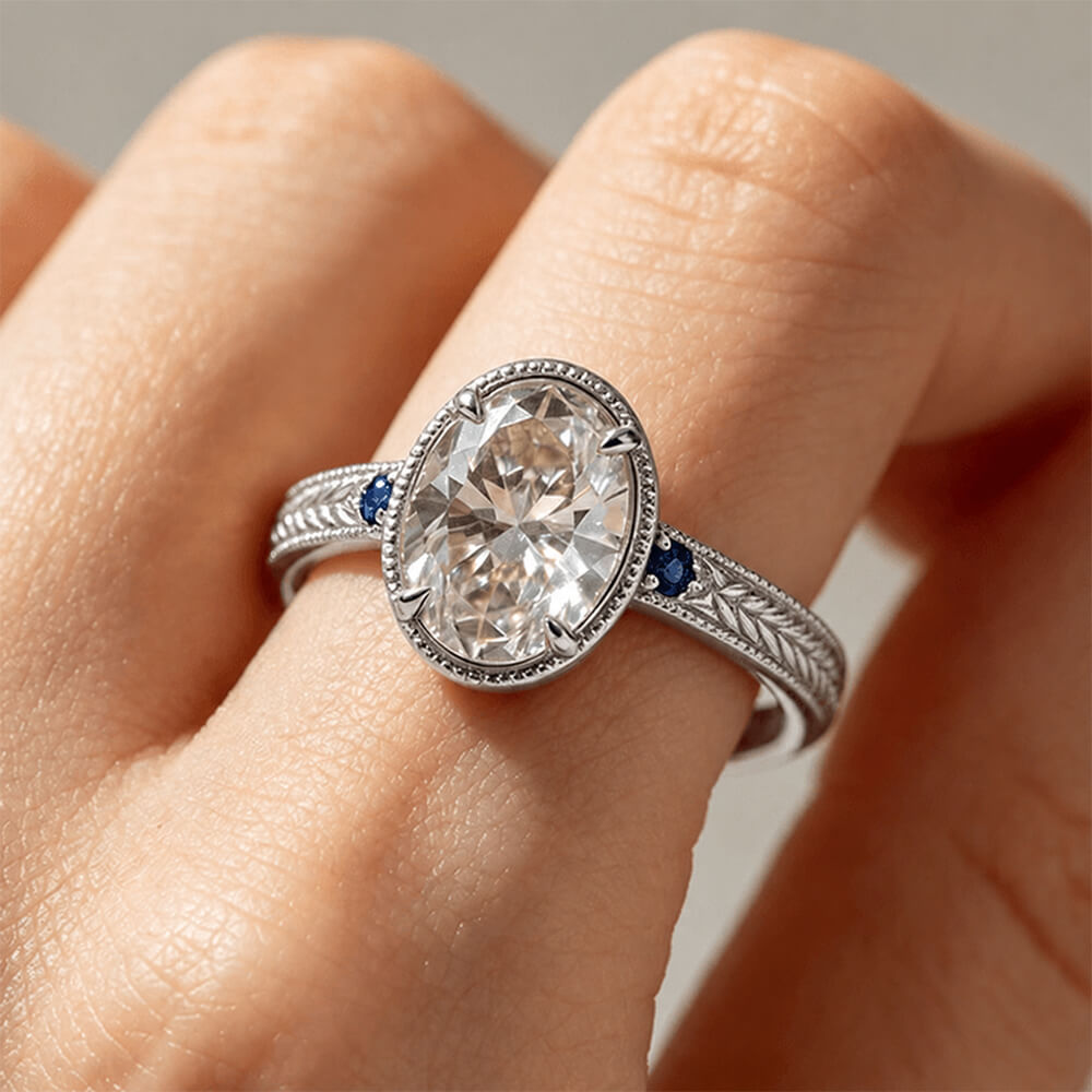 Vintage Three Stone Bezel Milgrain Oval Cut White & Blue Sapphire Engagement Ring