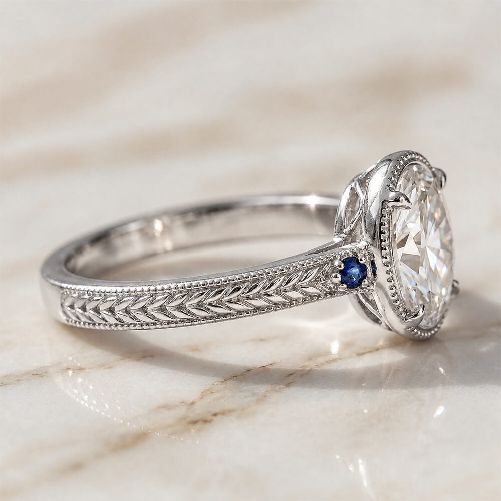 Vintage Three Stone Bezel Milgrain Oval Cut White & Blue Sapphire Engagement Ring