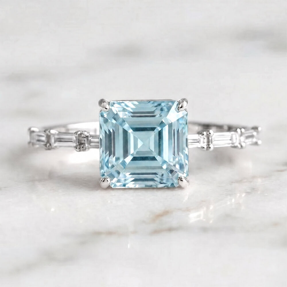 Luxury Jewelry Asscher & Baguette Cut Aquamarine Sapphire Engagement Ring