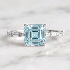 Luxury Jewelry Asscher & Baguette Cut Aquamarine Sapphire Engagement Ring