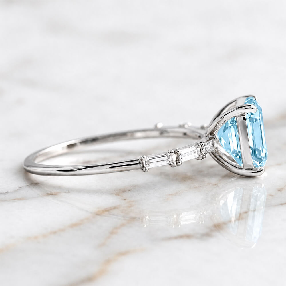 Luxury Jewelry Asscher & Baguette Cut Aquamarine Sapphire Engagement Ring