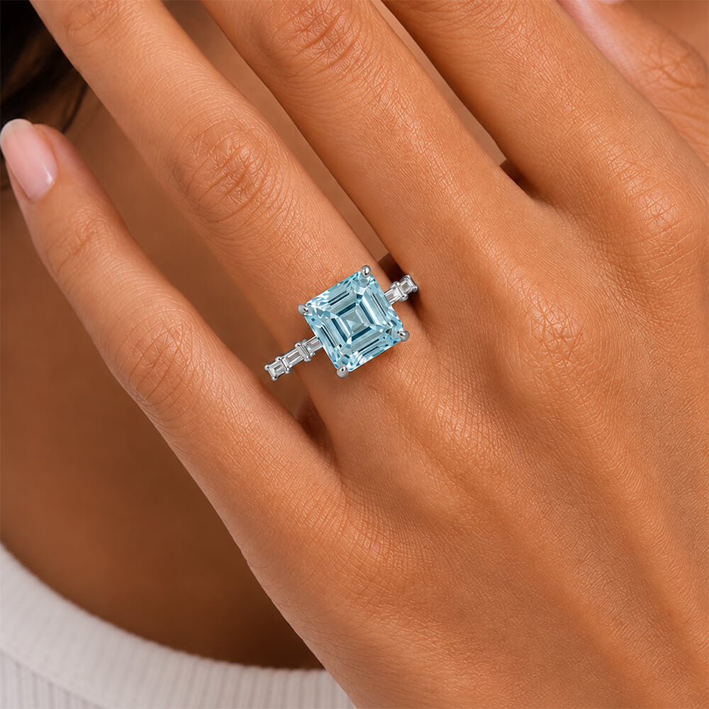 Luxury Jewelry Asscher & Baguette Cut Aquamarine Sapphire Engagement Ring