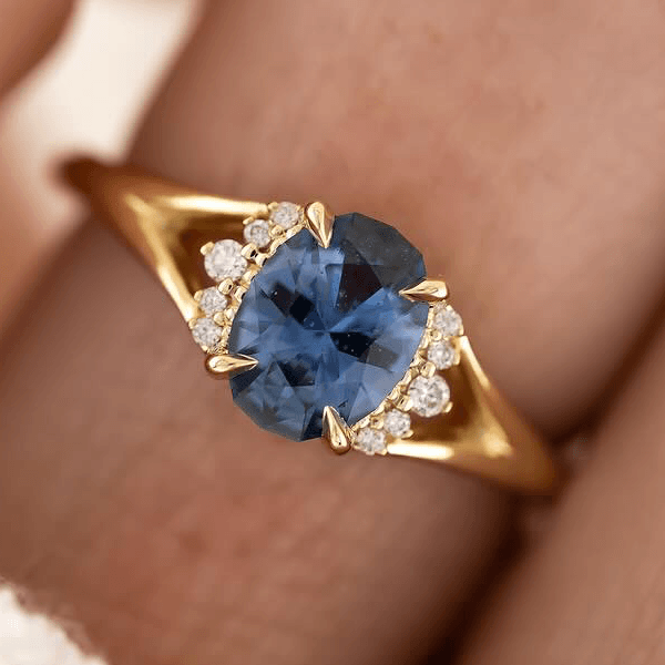 Yellow Gold Half Halo Oval Cut Blue Sapphire Engagement Ring