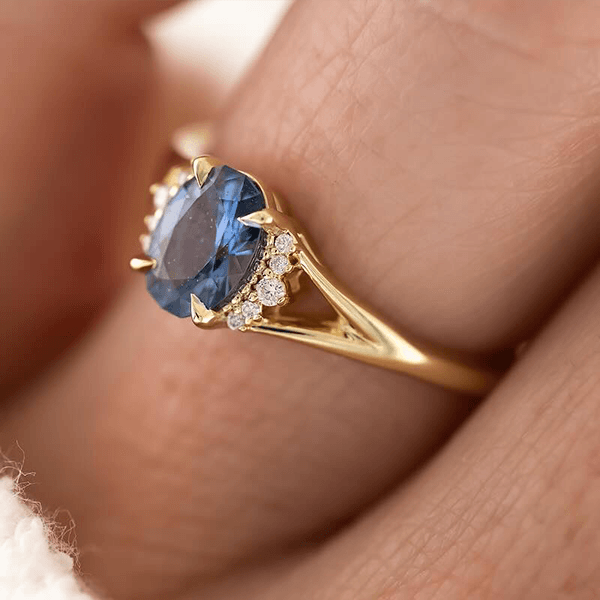 Yellow Gold Half Halo Oval Cut Blue Sapphire Engagement Ring