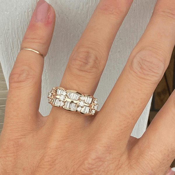 Unique Design Yellow Gold Round & Baguette Cut White Sapphire Half Eternity Wedding Band For Women