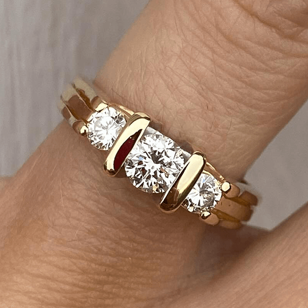 Vintage Yellow Gold Three Stone Round Cut White Sapphire Engagement Ring