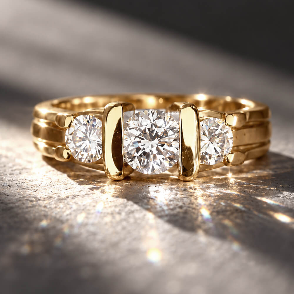Vintage Yellow Gold Three Stone Round Cut White Sapphire Engagement Ring