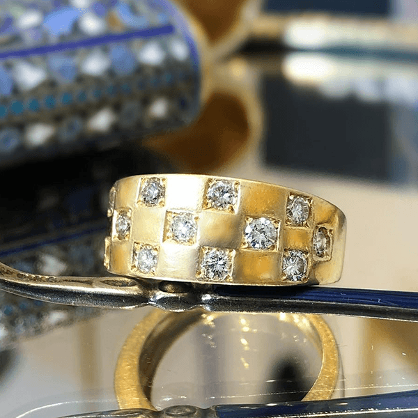 Checkerboard Design Yellow Gold Round Cut White Sapphire Half Eternity Wedding Band For Women